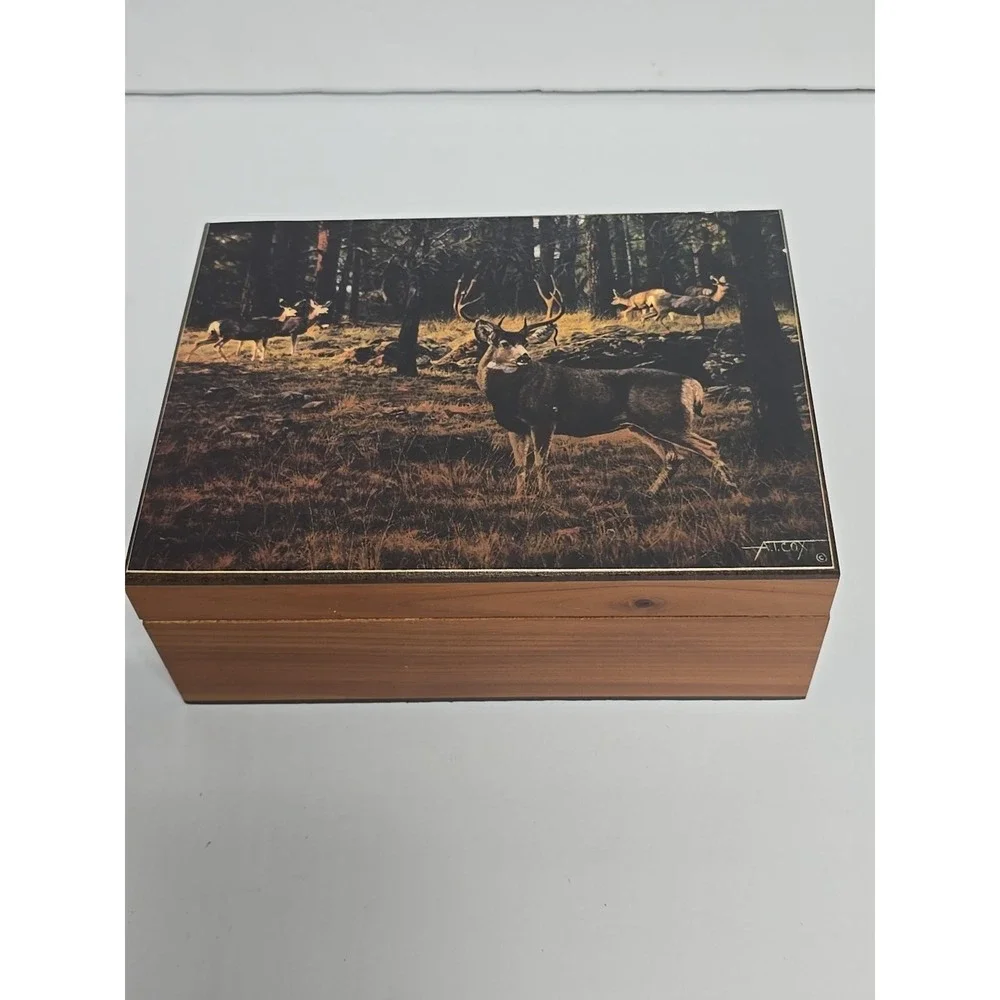 Vtg Deer Picture‎ Cedar Jewelry Box Mule Deer Picture Trinket A.T. Cox Hunter